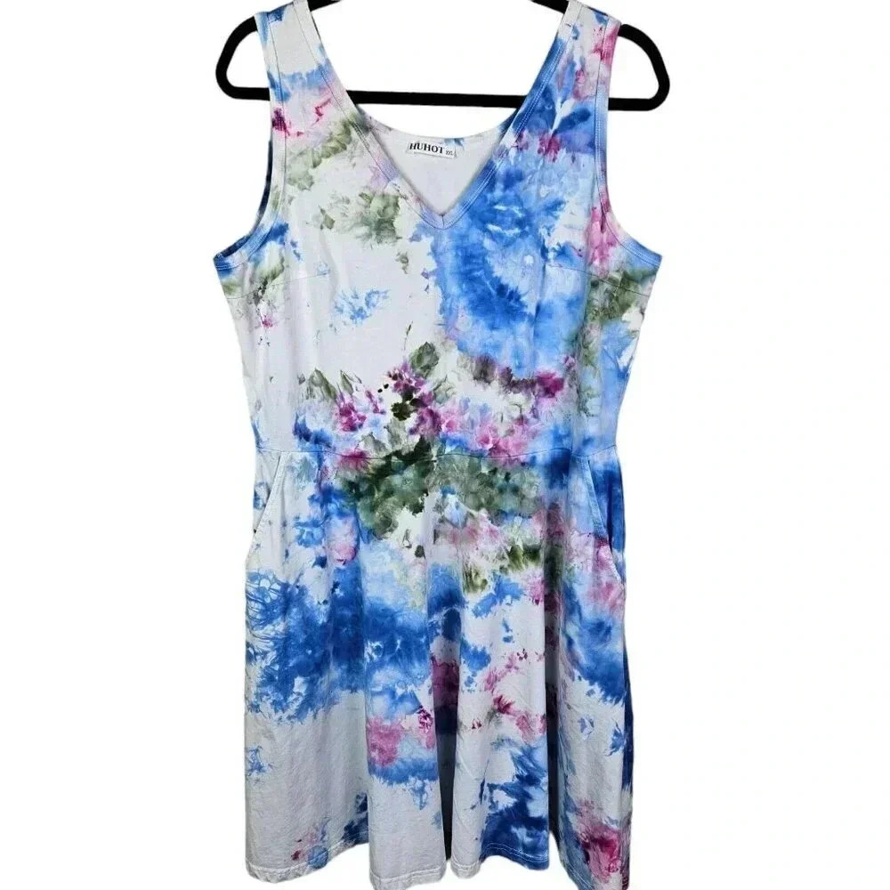 Cotton Spandex Custom Tie Dye Pink Purple‎ Green V-Neck Dress Size XXL Pockets